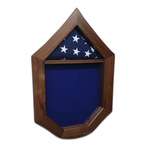 The Air Force SNCO Military Retirement Shadow Box by Legacies of America Woodworking Company is a house-shaped walnut display case for an American flag, handcrafted by veterans in the USA.