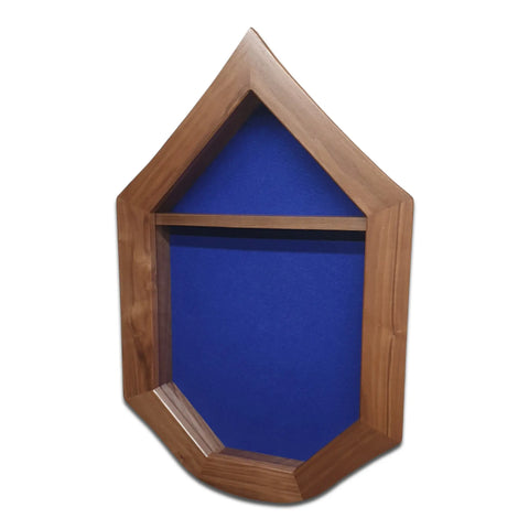 The Air Force SNCO Military Retirement Shadow Box - Walnut by Legacies of America Woodworking Company features a pointed top, blue felt background, and two sections. Made in the USA from real walnut hardwood with stylish geometric angles.