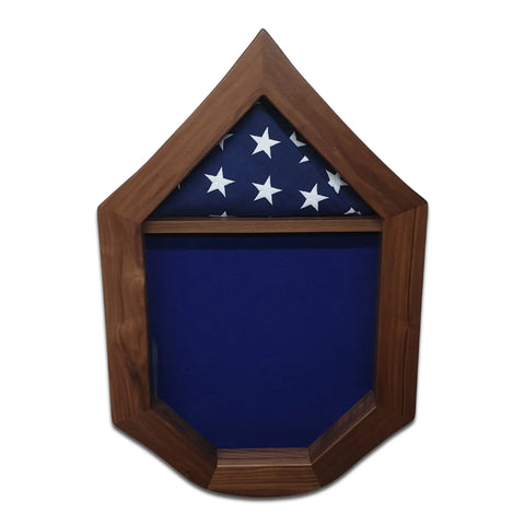 The Air Force SNCO Military Retirement Shadow Box by Legacies of America Woodworking Company is a pentagon-shaped, REAL Walnut display case made in the USA. It holds a folded American flag with white stars on blue and has an empty blue-lined lower section.