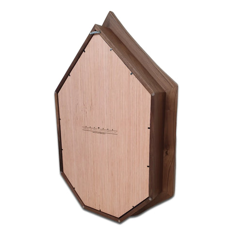 The Air Force SNCO Military Retirement Shadow Box - Walnut by Legacies of America Woodworking features REAL Walnut Hardwood sides, a light front panel, and a small tuning scale near the top. Built by veterans in the USA, it stands upright against a white background.