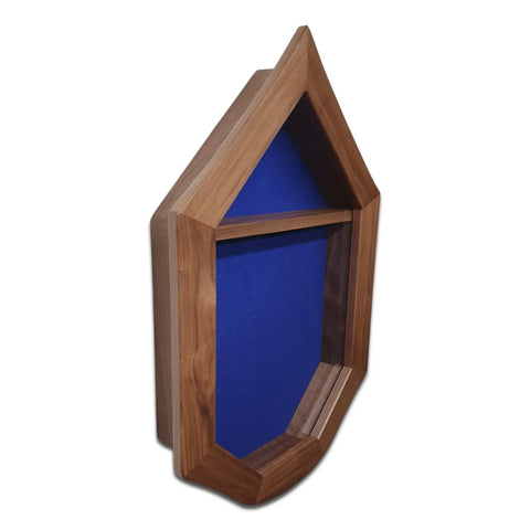 The Air Force SNCO Military Retirement Shadow Box by Legacies of America Woodworking Company features a house-shaped design in real Walnut hardwood, blue felt backing, single shelf, and slanted roof—expertly made in the USA.