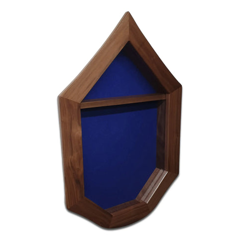 The Air Force SNCO Military Retirement Shadow Box by Legacies of America Woodworking Company features a house-shaped, peaked-top design with a dark brown REAL Walnut frame, blue fabric back, and single upper shelf. Built by veterans in the USA.