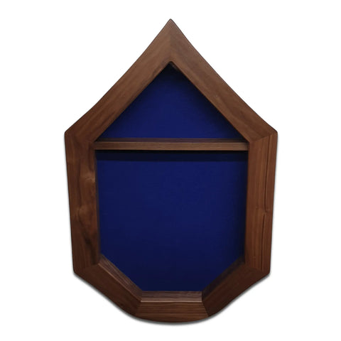 The Air Force SNCO Military Retirement Shadow Box by Legacies of America Woodworking Company features a real walnut hardwood pointed arch frame, blue felt backing, and a single horizontal shelf. Proudly made in the USA.
