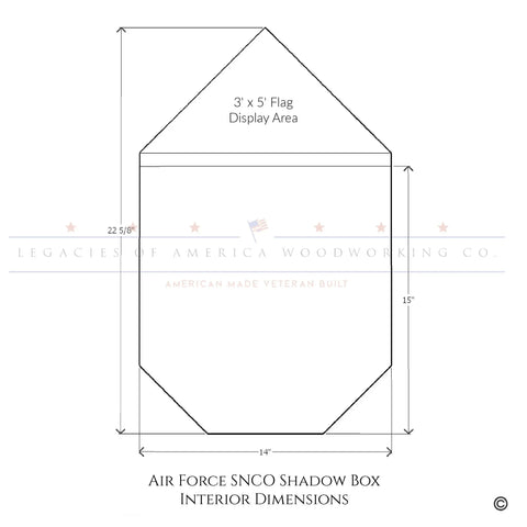 Line drawing of the Legacies of America Woodworking Companys Air Force SNCO Military Retirement Shadow Box - Walnut for a 3x5 flag, interior: 22 5/8 tall, 14 wide, 15 high middle. Made by veterans from REAL walnut hardwood.