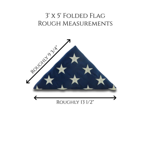 The Legacies of America Woodworking Company Air Force SNCO Military Retirement Shadow Box - Walnut displays a folded 3x5 flag (approx. 9 3/4” tall, 13 1/2” wide), with “Built By Veterans—3x5 Folded Flag Rough Measurements” above.
