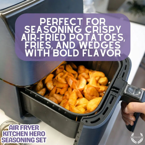A hand pulls an air fryer basket of crispy potato wedges. Overlay text: Elevate your air-fried favorites with Gustus Vitae's Air Fryer Gourmet Seasoning Set—six artisanal spice blends made in the USA for bold, delicious flavor.