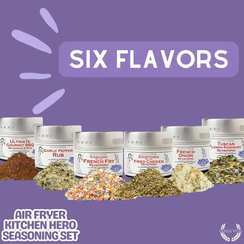 The Gustus Vitae Air Fryer Gourmet Seasoning Set, featuring six artisanal spice blends, is displayed on a purple background with piles of seasoning. Text reads: Six Flavors. Made in USA.