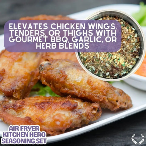 Close-up of crispy chicken wings with mixed seasoning; text highlights Gustus Vitae's Air Fryer Gourmet Seasoning Set—six artisanal spice blends, made in the USA, perfect for wings, tenders, or thighs in BBQ, garlic, or herb flavors.