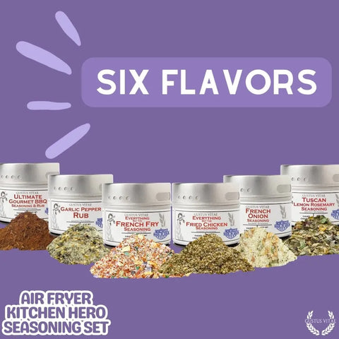 Six tins of Gustus Vitae’s Air Fryer Gourmet Seasoning Set – Six Artisanal Spice Blends, made in the USA, are displayed with all-natural spices on a purple background. Text reads: Six Flavors and Air Fryer Seasoning Set.