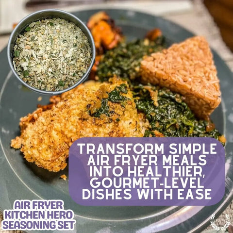 A plate with breaded chicken, sautéed greens, and rice sits beneath a bowl of mixed seasonings. Text: “Elevate air fryer meals into gourmet dishes with Gustus Vitae’s Air Fryer Gourmet Seasoning Set – Six Artisanal Spice Blends.”.