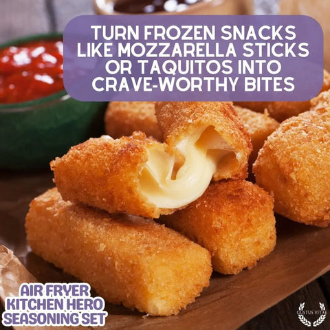 Close-up of crispy mozzarella sticks with melted cheese, served on a wooden board with dips. Text overlay: Turn frozen snacks into crave-worthy bites using Gustus Vitae’s Air Fryer Gourmet Seasoning Set – Six Artisanal Spice Blends.