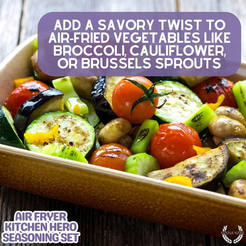 A close-up of air-fried zucchini, cherry tomatoes, eggplant, and broccoli features a text overlay recommending a savory upgrade with Gustus Vitae’s Air Fryer Gourmet Seasoning Set—six artisanal spice blends made in the USA.