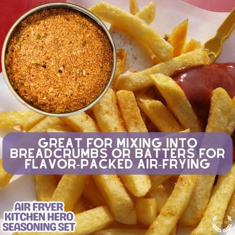 A bowl of reddish spice from the Gustus Vitae Air Fryer Gourmet Seasoning Set – Six Artisanal Spice Blends sits above golden French fries with ketchup, highlighting its use for mixing into breadcrumbs or batters before air frying. Made in USA.
