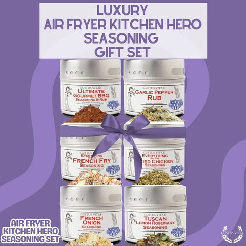 The Gustus Vitae Air Fryer Gourmet Seasoning Set features six artisanal spice blends—BBQ, Garlic Pepper, French Fry, Fried Chicken, French Onion, and Tuscan Lemon Rosemary—made in the USA and elegantly displayed on a purple background.