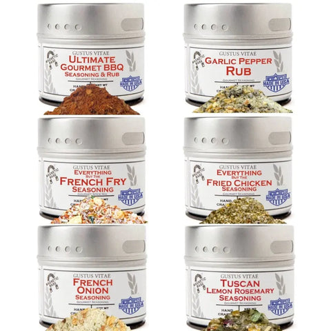 The Gustus Vitae Air Fryer Kitchen Hero Seasoning Set includes six artisanal spice blends—Ultimate Gourmet BBQ, Garlic Pepper Rub, French Fry, Everything, French Onion, and Tuscan Lemon Rosemary—each with non-GMO ingredients.