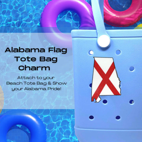 By the pool with floating inflatables, a tote bag features a Chatelet Manufacturing Boglets USA Flag Charm—compatible with Bogg Bags and more. Show your patriotic spirit on your beach tote with these decorative charms!.
