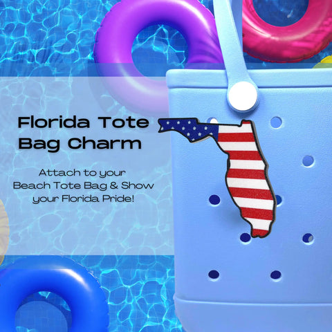 Show your Florida pride with Chatelet Manufacturing’s Boglets USA Flag Charms—patriotic decorative charms shaped like Florida for Bogg Bags, Simply Southern, and more. Perfect beach tote accessory, shown by a shimmering pool!.