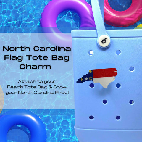 A Bogg bag with a USA Flag Boglets charm by Chatelet Manufacturing is next to pool floats. Show your patriotism and decorate your tote—Boglets charms are compatible with Bogg Bags, Simply Southern, and more.
