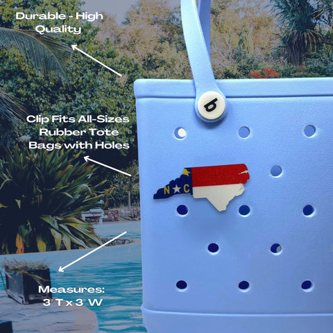 A pale blue rubber tote with holes by a poolside features Chatelet Manufacturing’s Boglets—USA Flag Charms. These patriotic, durable 3x3 charms fit Bogg Bags, Simply Southern, and other totes with holes.