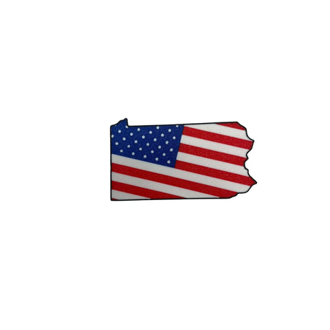 The Boglets USA Flag Charms by Chatelet Manufacturing feature Pennsylvania’s outline filled with the American flag—white stars on blue, red and white stripes—perfect patriotic accessories for Bogg Bags, Simply Southern, and other tote bags.