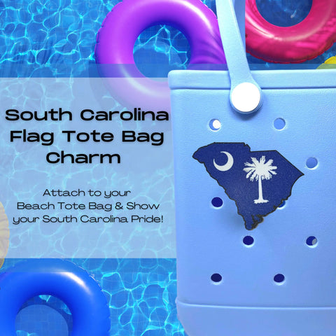A Chatelet Manufacturing Boglets USA Flag Charm decorates a Bogg Bag by the pool, surrounded by colorful floats. Attach this patriotic charm to your tote to show your USA pride! Compatible with Bogg Bags, Simply Southern, and more.