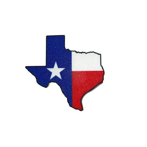 Chatelet Manufacturing’s Boglets USA Flag Charm features a Texas silhouette filled with the Texas flag design—blue with a white star, white top right, red bottom right—against a clean white background. Compatible with Bogg Bags and more.