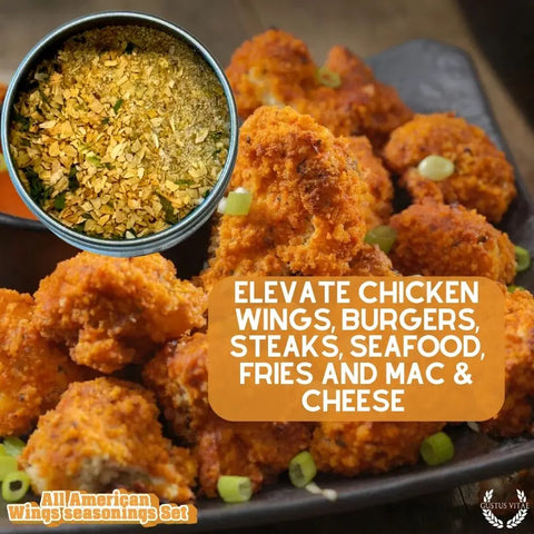 A plate of saucy chicken wings with green onions is served beside Gustus Vitae’s All American Wings Gourmet Seasoning Set – a handcrafted spice collection made in the USA. Elevate wings, burgers, steaks, seafood, fries & mac & cheese.