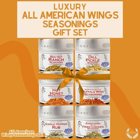 Six jars of Gustus Vitae’s All American Wings Gourmet Seasoning Set – Handcrafted Spice Collection | Made in USA are arranged in two rows with a gold ribbon. “All American Wings Seasoning Set” appears above on an orange background.