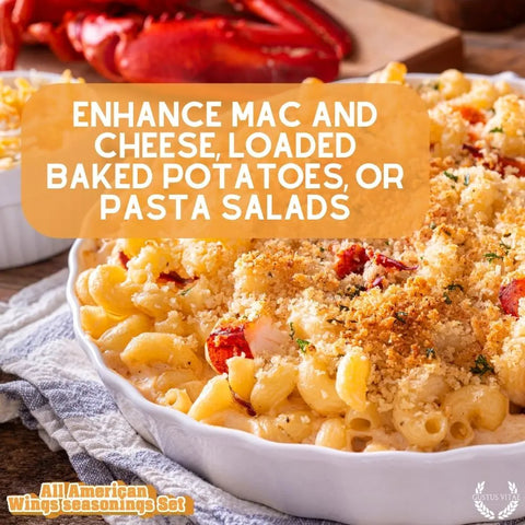 A baked macaroni and cheese topped with breadcrumbs sits on a table, while the text highlights enhancing dishes like mac and cheese, baked potatoes, or pasta salads using Gustus Vitae’s All American Wings Gourmet Seasoning Set – Handcrafted in the USA.