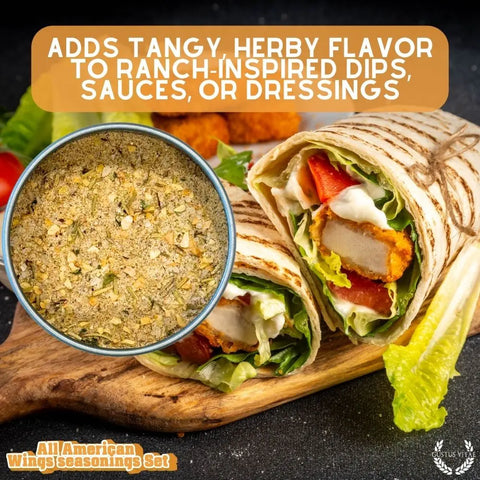 A bowl of Gustus Vitae’s All American Wings Gourmet Seasoning sits by a chicken wrap with lettuce and tomato. Text above: Adds tangy herby flavor to ranch-inspired dips, sauces, or dressings. Handcrafted in the USA.