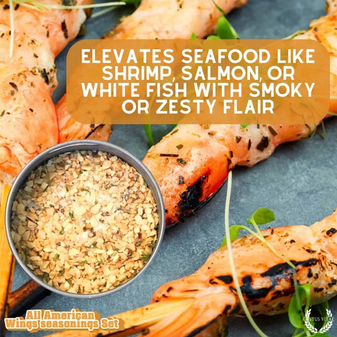 Close-up of grilled shrimp skewers with gourmet seasonings. Text overlay: Elevate shrimp, salmon, or white fish with bold flavor using Gustus Vitae’s All American Wings Gourmet Seasoning Set – Handcrafted Spice Collection, made in the USA.