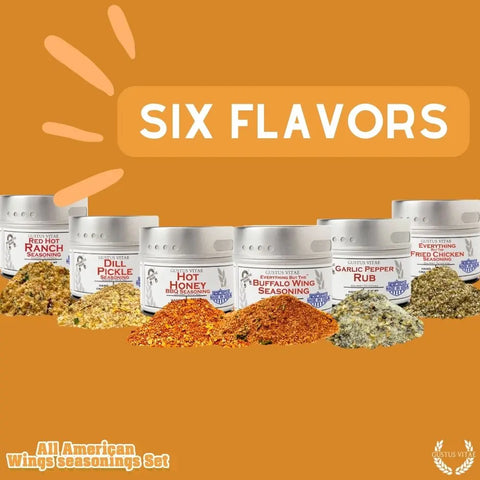 Six gourmet seasoning jars from the Gustus Vitae All American Wings Gourmet Seasoning Set – Handcrafted Spice Collection are displayed with piles of spices on an orange background. Text reads: Six Flavors from the All American Wings Seasoning Set.