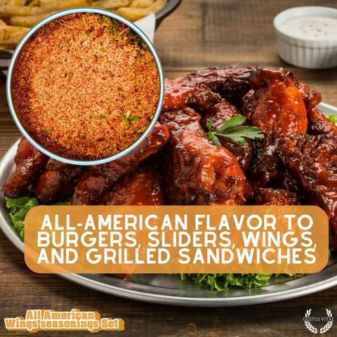 A plate of saucy chicken wings topped with parsley sits beside a close-up of Gustus Vitae’s All American Wings Gourmet Seasoning Set—handcrafted in the USA to add bold flavor to burgers, sliders, wings, and grilled sandwiches.