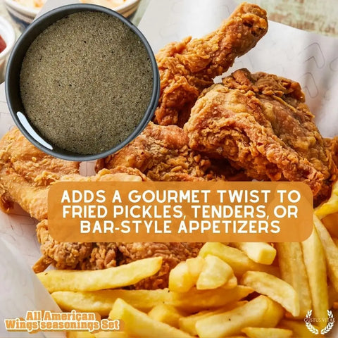 A close-up of fried chicken, golden fries, and seasoning with text: Elevate fried pickles, tenders, or appetizers with Gustus Vitae’s All American Wings Gourmet Seasoning Set – Handcrafted Spice Collection, made in the USA.
