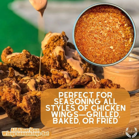 A close-up of crispy chicken wings drizzled with sauce and an inset of reddish-brown seasoning. Text: Season any style of wings with Gustus Vitae All American Wings Gourmet Seasoning Set—handcrafted in the USA.