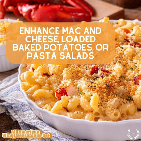 A close-up of baked mac and cheese topped with breadcrumbs, suggesting to enhance mac and cheese, baked potatoes, or pasta salads using the Gustus Vitae All American Wings Gourmet Seasoning Set – Handcrafted Spice Collection.