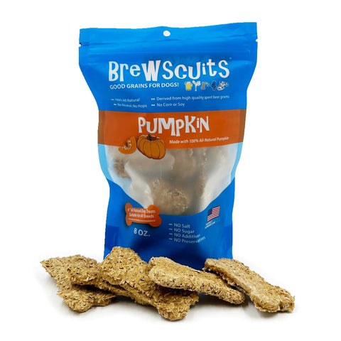 A blue and orange bag of Brewscuits Original by Brewscuits sits behind textured, rectangular biscuits. The eco-conscious packaging features natural ingredients, upcycled grains, and notes it’s made with 100% all natural pumpkin.