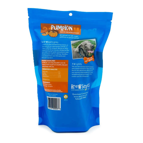A blue pouch of Brewscuits Original eco-conscious dog treats is shown from the back, featuring a photo of a happy dog, product info, feeding guidelines, guaranteed analysis, and company contact details.