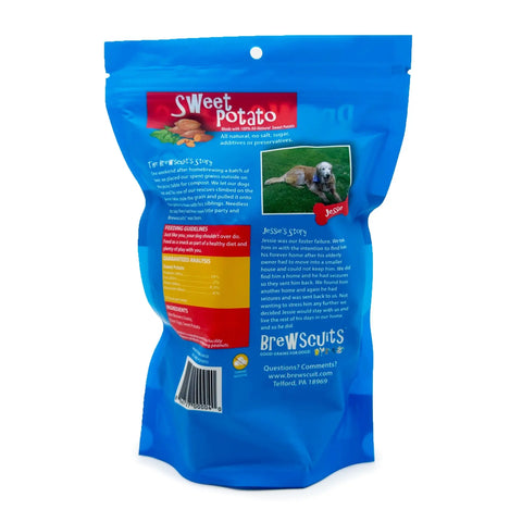 A blue bag of Brewscuits Original eco-conscious dog treats, with a red top label, a photo of Jesse the dog, product info, upcycled grains in the ingredients, feeding guidelines, plus the Brewscuits website and address.