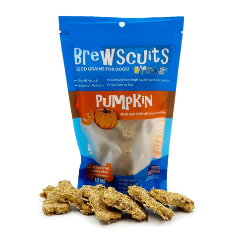A blue and orange bag of Brewscuits Half Pints by Brewscuits stands upright, with bone-shaped dog treats in front. The packaging highlights all-natural pumpkin and upcycled grains, with no corn or soy.