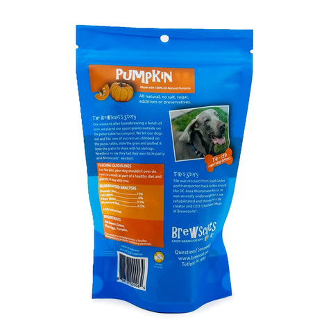 Blue Brewscuits Half Pints bag features a dog image, pumpkin graphic, upcycled grains, feeding guidelines, and QR code on back. Text highlights all-natural ingredients and a rescue dogs story.