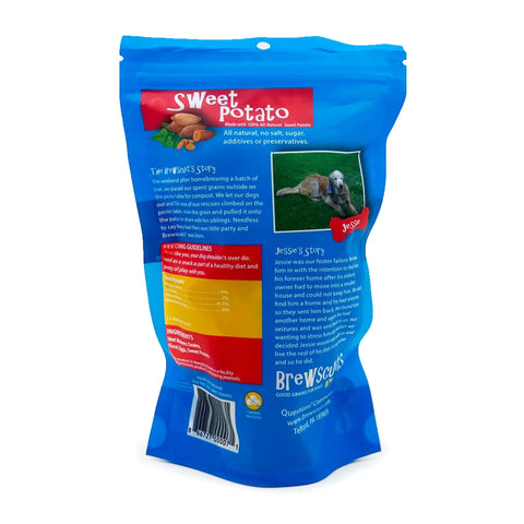 Blue bag of Brewscuits Half Pints natural dog treats by Brewscuits, labeled Sweet Potato and featuring sweet potatoes plus Jesse the dog. The back shares product info, ingredients, upcycled grains details, and Jesse’s adventure stories.