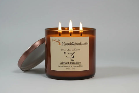 Almost Paradise – Soy 3-Wick Blown Glass Collection MorninWood Candles  3 Wick Candle