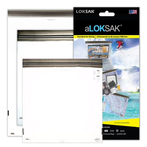 Three clear, resealable ALOKSAK bags by LOKSAK (12x12, 13x11, 16x24) are shown with packaging highlighting their waterproof and sand-proof features—ideal for protecting valuables or biohazard items during outdoor activities.