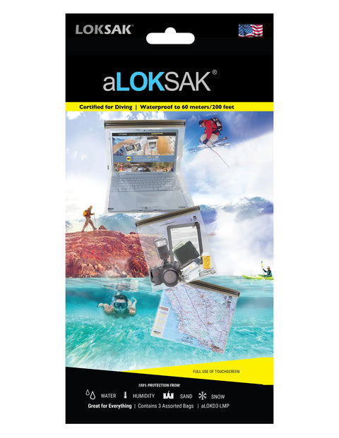 LOKSAK’s ALOKSAK Large Multi Pack (Set of 3 – 12X12, 13X11, 16X24) features retail packaging with images of diving, hiking, and skiing, highlighting waterproof protection for electronics, maps, valuables, and medical-grade storage.