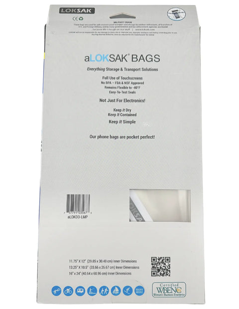 Back of LOKSAK ALOKSAK Large Multi Pack (Set of 3 - 12x12, 13x11, 16x24) packaging displays features like waterproof storage, touch screen usability, BPA-free and medical grade materials, plus icons and certifications. Clear bag partially visible.