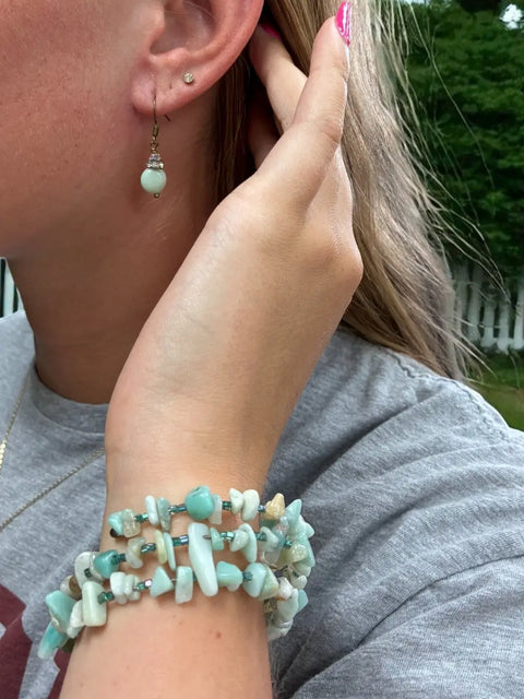 Amazonite Gemstone Jewelry Set – Stacked Wrap Bracelet and Drop Earrings | Handmade in USA by Michelle Marie Boutique Michelle Marie Boutique  Necklace and Earring Set