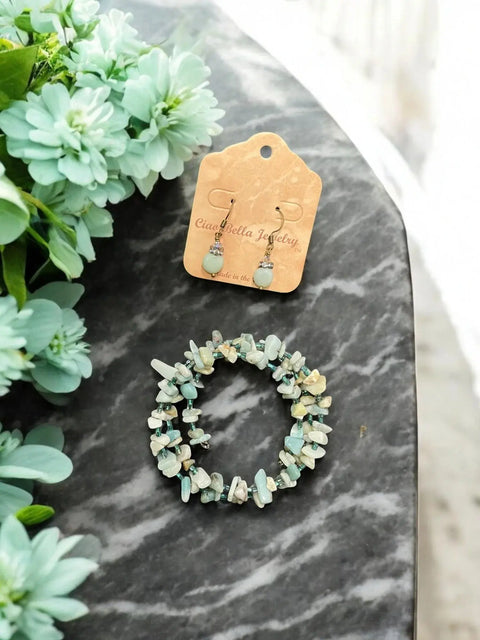Amazonite Gemstone Jewelry Set – Stacked Wrap Bracelet and Drop Earrings | Handmade in USA by Michelle Marie Boutique Michelle Marie Boutique  Necklace and Earring Set