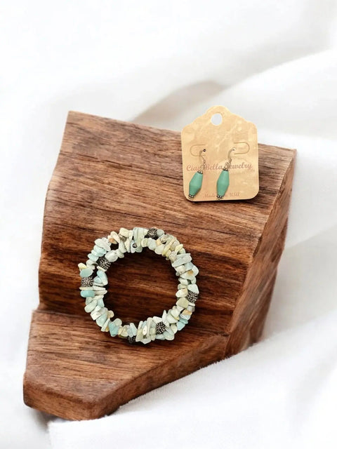 Amazonite Gemstone Wrap Bracelet – Green Sea Glass Drop Earrings Set | Handmade Beach Jewelry Made in USA Michelle Marie Boutique  Bracelet Set