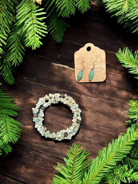 Amazonite Gemstone Wrap Bracelet – Green Sea Glass Drop Earrings Set | Handmade Beach Jewelry Made in USA Michelle Marie Boutique  Bracelet Set